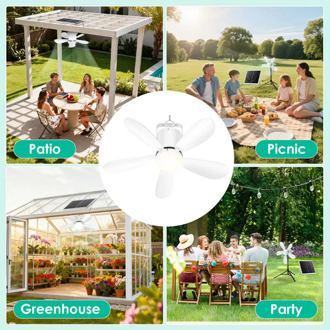 Outdoor Solar Ceiling Fan With Light 21 Inch Portable 30W Remote Controlled for Picnic, Party, Patio, Greenhouse use.