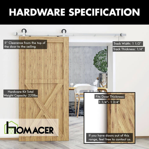 Brushed Nickel Non Bypass Sliding Barn Door Hardware Kit For One Door 7ft Flat Track T Shape Rollers, installed on a wooden door.
