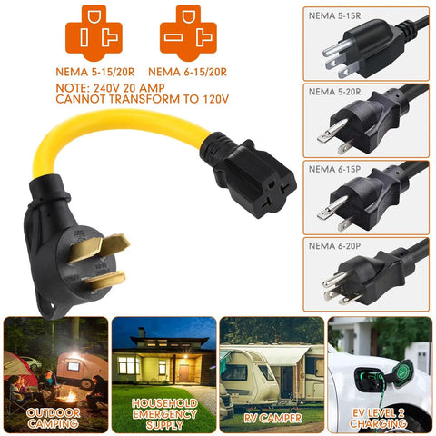 Game Changer 10 To 30P Dryer Adapter Converts Standard 30 Amp Outlet To 5 15 Or 20 R Straight Blade For Level 2 Ev Charger Smooth Plug And Play Setup, showing NEMA 10-30P to 5-15/20R connection.