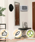 Entryway with wooden doorbell chime cover box, decorative wall mount enclosure in white, hiding old chime without dulling sound.