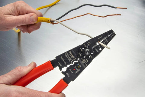 Hands using 8 Inch Heavy Duty Wire Stripper Cutter Pliers With Dipped Cushioned Grips Workhorse All In One Tool