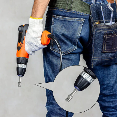 Person holding a drill with 20 Piece 3/8 Inch Impact Socket Adapter Set With Square Bit Adapters for Drills and Extensions in use