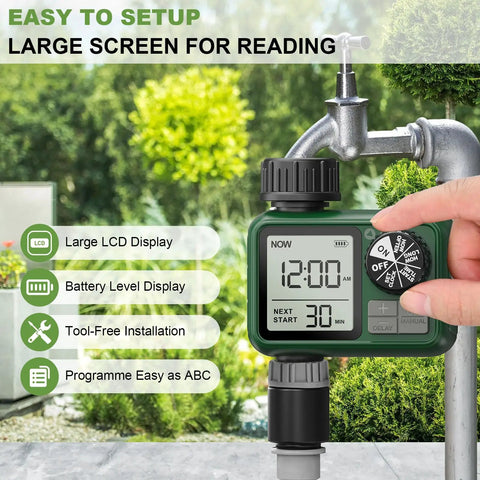 Water Timer For Outdoor Garden Hose With Auto, Manual And Rain Delay Modes, Easy-To-Read LCD Display, Installed on Faucet