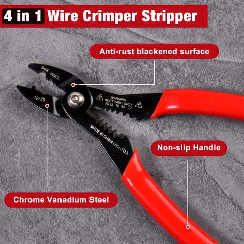 Heavy Duty 4 In 1 Electrician Pliers With Built In Wire Stripper Crimper And Cutter 7 Inch with anti-rust surface and red non-slip handle.