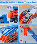 Race Track Truck Toy Set For Kids Aged 3 To 6 Years Old Four In One Carrier Truck With Dual Foldable Race Tracks And Detachable Cab Includes Six Die Cast Cars Ideal Gift For Boys Blue; close-up of features