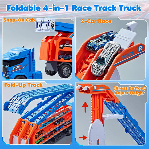 Race Track Truck Toy Set For Kids Aged 3 To 6 Years Old Four In One Carrier Truck With Dual Foldable Race Tracks And Detachable Cab Includes Six Die Cast Cars Ideal Gift For Boys Blue; close-up of features