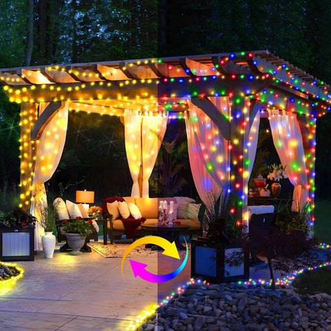 Mega 328Ft Outdoor LED Christmas String Lights With 720 LEDs dual color warm white to multicolor on patio pergola in garden