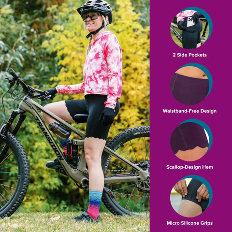 Woman cycling in 2.0 Padded High Rise Biker Shorts For Women With Waistband Free Design And Softer Compression For A Flexible Fit.