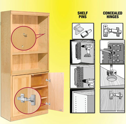 Milescraft 1316 CabinetMate shelf-pin drilling jig installed in a wooden cabinet with shelf holes