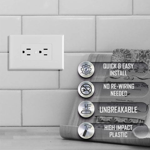 Masque Revive White Polycarbonate 1 Gang Wall Plate Cover For Electrical Outlets on tiled wall with feature icons