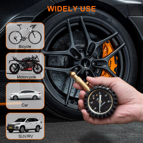 Close-up view of a hand-held tire pressure gauge with a 2-inch glowing dial beside a car wheel