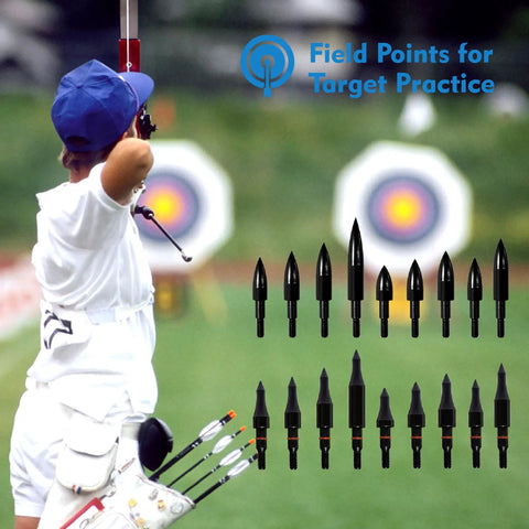 Archery practice scene with twelve 150 grain 5 16 inch screw in archery arrow tips with 8 32 thread CNC precision field points