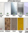 Chart showing applicable wall surfaces for shower caddy including ceramic tile, glass, mirror, stainless steel, and acrylic.