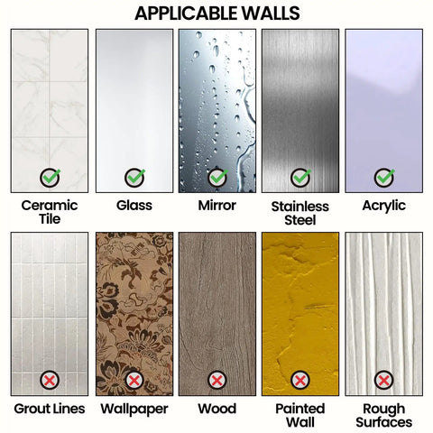 Chart showing applicable wall surfaces for shower caddy including ceramic tile, glass, mirror, stainless steel, and acrylic.