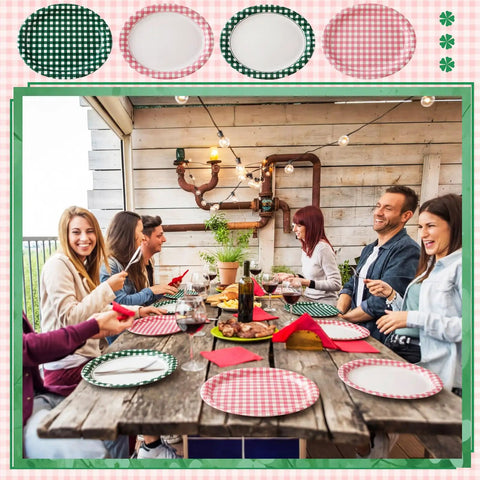 Outdoor dining with friends using 48 Pack Camp Gingham Paper Plates 10 By 12 Inches Large Picnic Style Plaid Plates, in two colors.