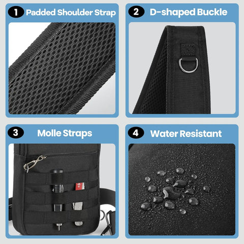 Anti Theft Crossbody Sling Bag With Lockable Zipper And RFID Blocking Pocket showing padded strap, buckle, molle straps, water resistance.