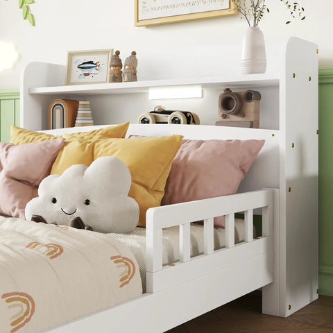 Pine Wood Bed With Bookcase Headboard And LED Motion Sensor Light White Finish Built In Guardrails for kids, decorative pillows