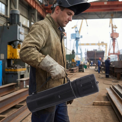 Slick Jhknnk Moisture Proof Welding Rod Storage Tube For Electrodes With Locking Lid held by a welder in a workshop.