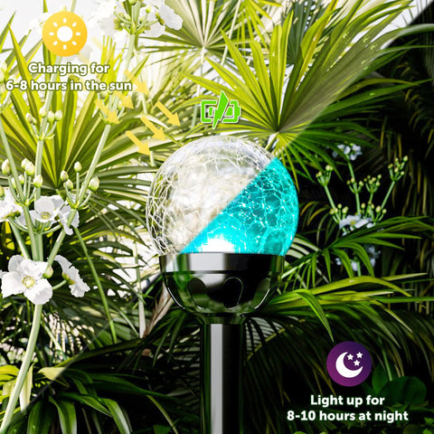 Solar Outdoor Cracked Glass Ball Lights Color Changing Garden LEDs for Path Patio Yard 3 Pack glowing in garden