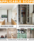 Graphic showcasing applications of hidden door hinges, including invisible doors, hidden bookcases, interior and folding doors.