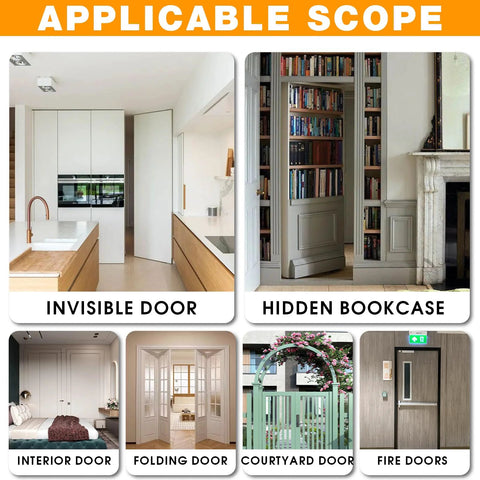Graphic showcasing applications of hidden door hinges, including invisible doors, hidden bookcases, interior and folding doors.