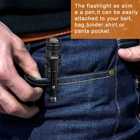 Ten Pack Mini Pen Light Flashlights clipped to jeans pocket, ultra compact aluminum design, 3.5 inch length, everyday carry essentials