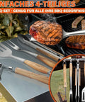 Heavy Duty 4 Piece BBQ Tool Set With Stainless Steel Spatula Tongs Fork And Cleaning Brush Wood Handle Outdoor Grill Utensils Kit Perfect Dad Gift For Backyard Grillin And Summer Cookouts shown next to grilled steaks on a barbecue.