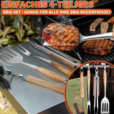 Heavy Duty 4 Piece BBQ Tool Set With Stainless Steel Spatula Tongs Fork And Cleaning Brush Wood Handle Outdoor Grill Utensils Kit Perfect Dad Gift For Backyard Grillin And Summer Cookouts shown next to grilled steaks on a barbecue.