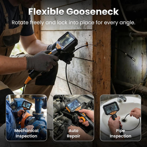 Rock Solid Two Way Articulating Borescope With Bright Led Lamp and Kickass Flexible Snake Cable For Gritty Under Car Engine Diagnostics featuring flexible gooseneck for various inspections.
