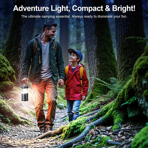 Man and child hiking in forest with Ultra Bright LED Camping Lanterns 4 Pack for Power Outages