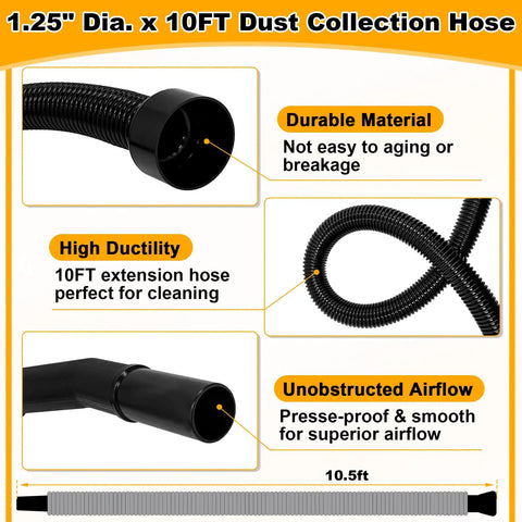 1 1/4 Inch Dust Collection Hose, 10 Foot Extension For Home And Shop Vac Systems, Replacement Vacuum Hose With 2-1/4 Inch Adapter