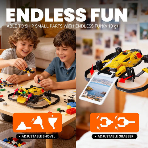 Kids playing with Mini Indoor Micro Drone For Kids With Cool LED Lights And 3 Speed Modes, Perfect Starter RC Quad Copter holding cards