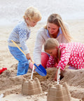 Two Pack Beach Shovels for Kids With 27.2 Inch Wood Handle Metal Spade Detachable Shovels for Sand Digging shown in use on the beach with children.