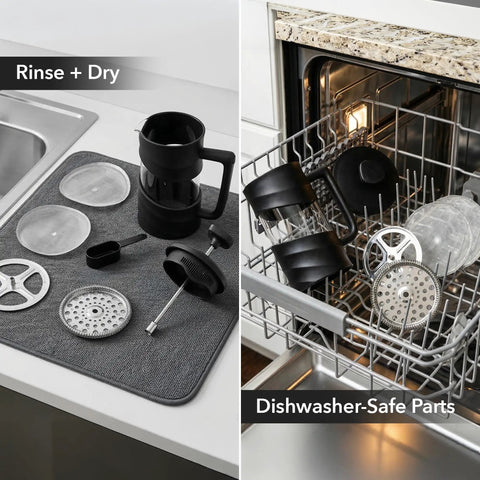 Parts of French Press Coffee Maker 20 Oz On The Go With Heat Resistant Borosilicate Glass And Stainless Steel on drying mat and dishwasher
