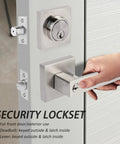 Exterior Door Lock Set With Deadbolt And Entry Lever In Satin Nickel Finish Built To Last Heavy Duty Single Cylinder Lockset For Front Doors Reversible Handle Ideal For Residential Or Commercial Use shown on a door.