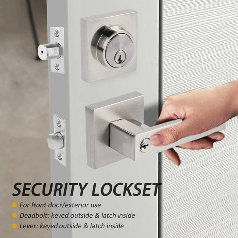 Exterior Door Lock Set With Deadbolt And Entry Lever In Satin Nickel Finish Built To Last Heavy Duty Single Cylinder Lockset For Front Doors Reversible Handle Ideal For Residential Or Commercial Use shown on a door.