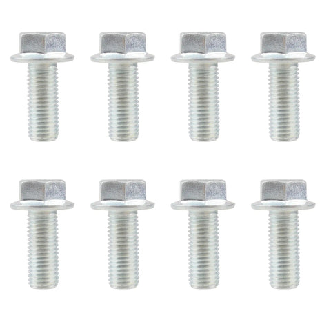 Eight Pack M10 1.25mm Flange Hex Head Bolts 25mm Long For ATV UTV Quad Go Karts Mini Bike Lawn Mower Snowmobile Built Tough For Secure Grip And Serious Durability arranged in two rows.
