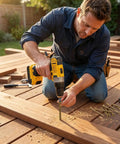 Pro Grade #8 X 2 Inch Deck Screws 100 Pack Exterior Wood Screws being installed with a power drill on wooden decking.