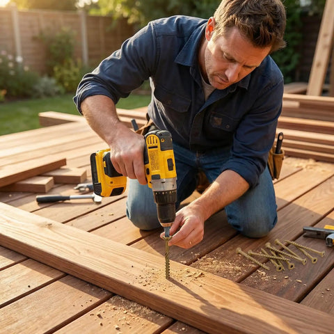 Pro Grade #8 X 2 Inch Deck Screws 100 Pack Exterior Wood Screws being installed with a power drill on wooden decking.