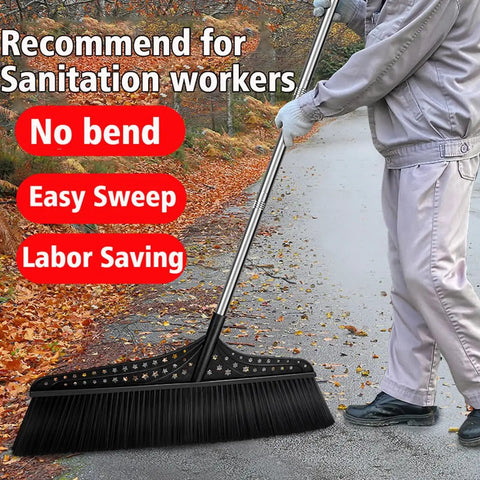 Heavy Duty Outdoor Angle Broom With 20 Inch Wide Base And 51 Inch Extended Handle Sweeper Featuring Stiff Bristles used for quick driveway dirt pickup.