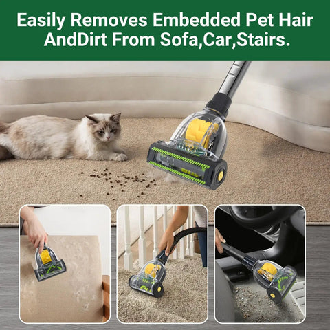 Universal Mini Turbo Brush Attachment For 32mm To 35mm Vacuum Cleaners shown cleaning pet hair on carpet and stairs