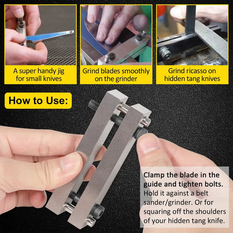 Hardened File Guide With Carbide Surface For Knife Making A Beefy Knife Maker Tool That Fits Up To 2 Inch Wide Blades Ideal Jig For Small Knives From Bowies To Japanese Kitchen Knives Easy Clamp And Precise Control shown in use with instructional images.