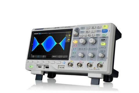 SDS1104X-E 100MHz 4-Channel Digital Oscilloscope With Standard Decoders I2C SPI UART RS232 CAN LIN, angled view with display on