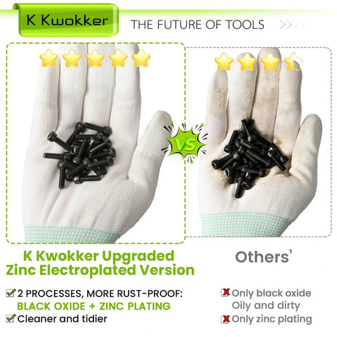 Comparison of zinc electroplated vs black oxide screws showing improved rust-proofing in the All In One 900 Piece M4 Nuts Bolts And Washers Set 4mm To 45mm Upgraded Zinc Plated 12.9 Alloy Steel Hex Socket Head Cap Screws Bolts And Nuts Kit Includes Washers One Hex Key And Clear Organizer For Easy DIY Projects.