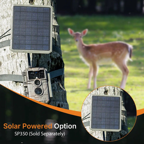 E6 WiFi Trail Camera Non Cellular With External Antenna Stable WiFi On Site App Viewing Grab And Go 64MP 1296P HD No Glow Night Vision Motion Activated Waterproof Game Camera For Outdoor Wildlife Monitoring attached to tree with solar panel option and deer in background