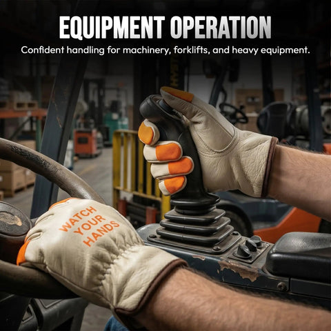 Hi Vis Leather Work Gloves With Orange Tips For Extra Large Hands, Watch Your Hands, Split Cowhide Leather With Keystone Thumb in forklift