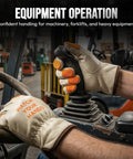 Hands wearing Heavy Duty Leather Driver Work Gloves Flame Resistant Unlined Gunn Cut Cowhide operating machinery.