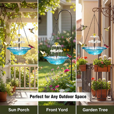 Sun Powered Hanging Bird Bath Fountain With Cascade Water Feature For Outdoor Garden Patio Backyard Lawn Decor Blue