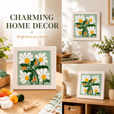 Beginner Punch Needle Kit With 9.8 Inch Frame, floral design, on wooden table with yarn and tools, bright decor