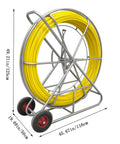 Heavy Duty Fiberglass Fish Tape Built Dang Solid For Hella Smooth Wire Routing And Conduit Pulling With Sturdy Wood Reel And Wheeled Cart 12mm 820Ft Length To Route Cables Anywhere Fast, with yellow fiberglass tape on cart.